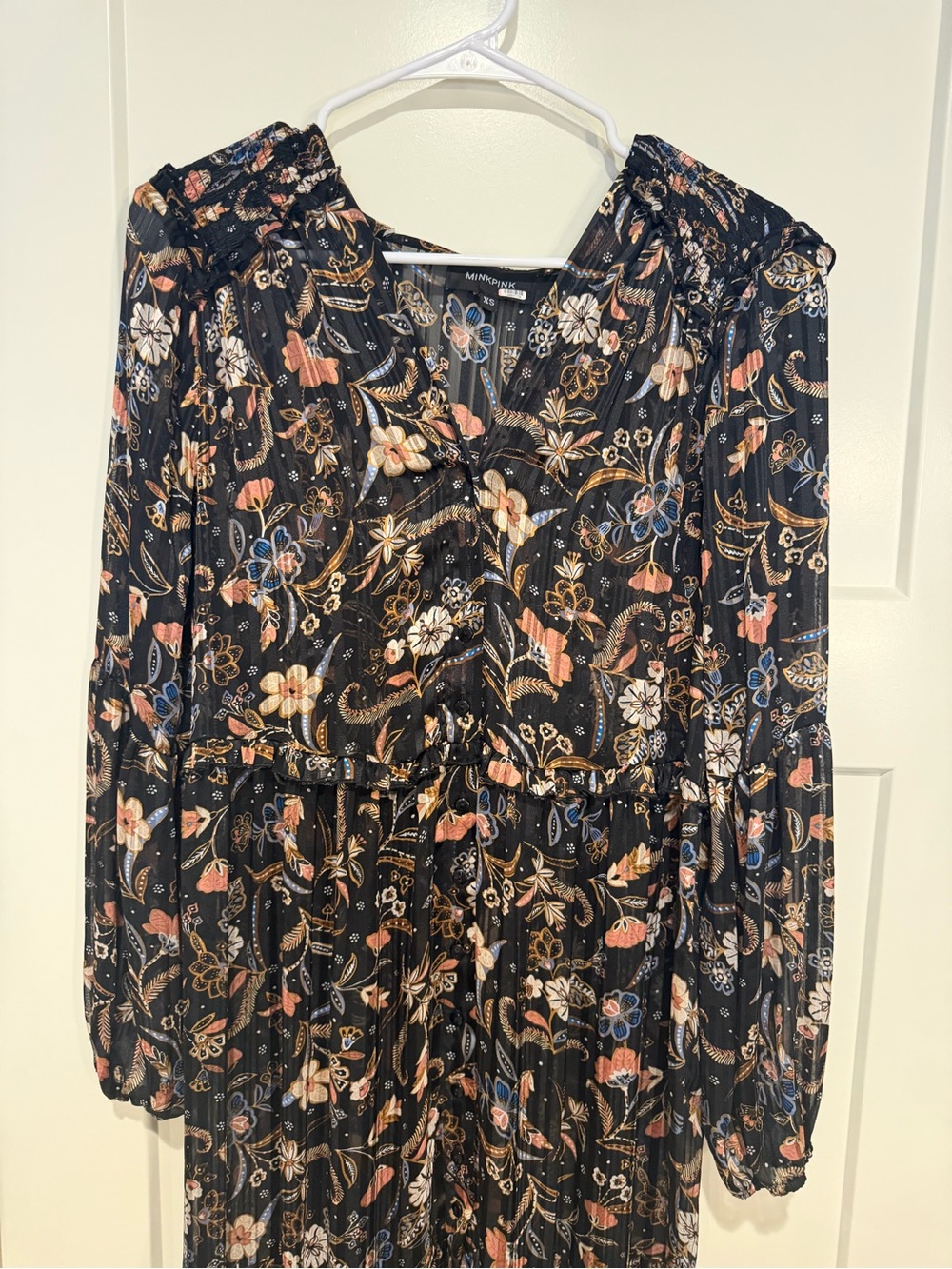 Floral Tiered Long-Sleeve Midi Dress in Black - Picture 8 of 10